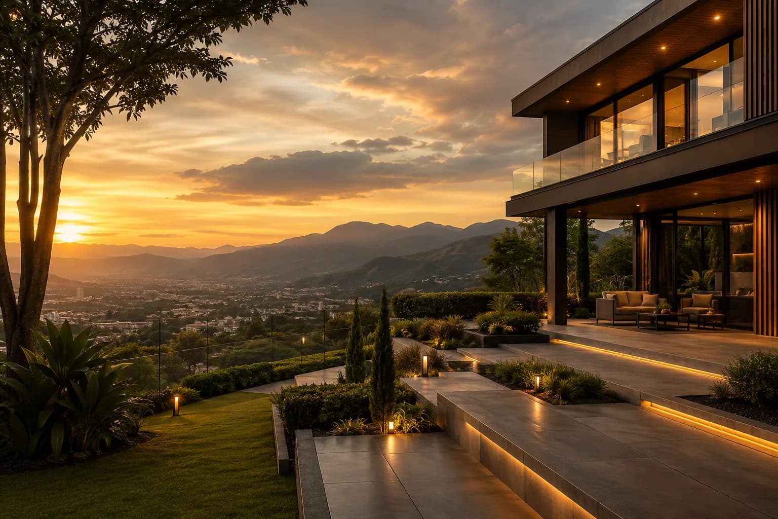 Vivienda de lujo con vista a las montañas del Eje Cafetero al atardecer, gestionada por el sector inmobiliario de MACÍAS en Armenia, Quindío