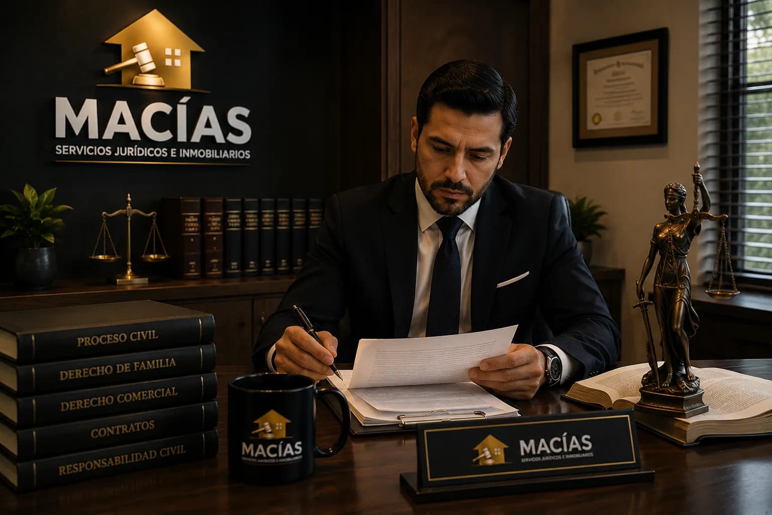 Abogado civil de MACÍAS redactando una demanda junto a la estatua de la justicia en Armenia, Quindío