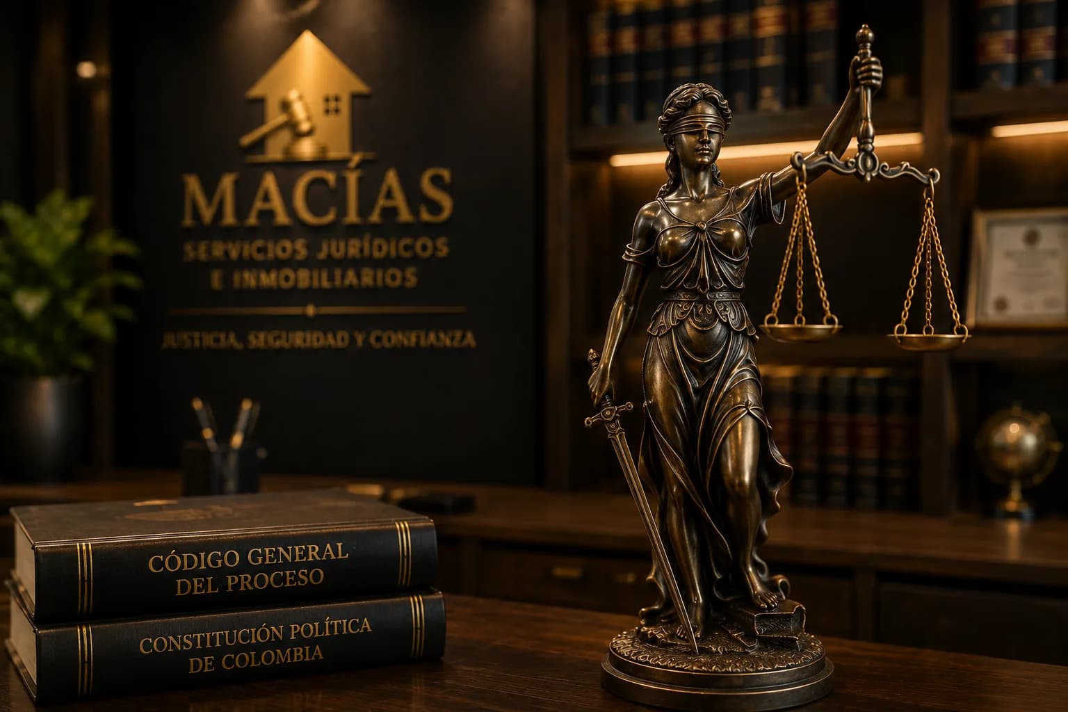 Balanza de la justicia en bronce junto a códigos colombianos en la firma MACÍAS de Armenia, Quindío Balanza de la justicia en bronce junto a códigos colombianos en la firma MACÍAS de Armenia, Quindío