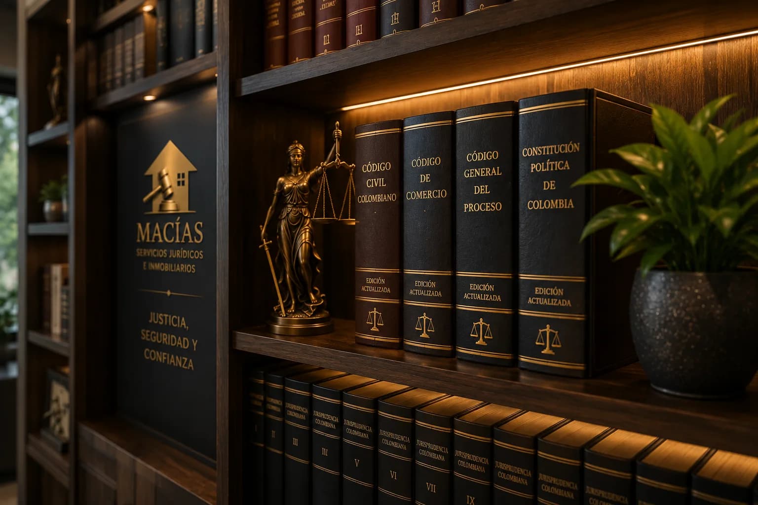 Biblioteca jurídica con códigos colombianos y la balanza de la justicia en la firma MACÍAS de Armenia, Quindío Biblioteca jurídica con códigos colombianos y la balanza de la justicia en la firma MACÍAS de Armenia, Quindío