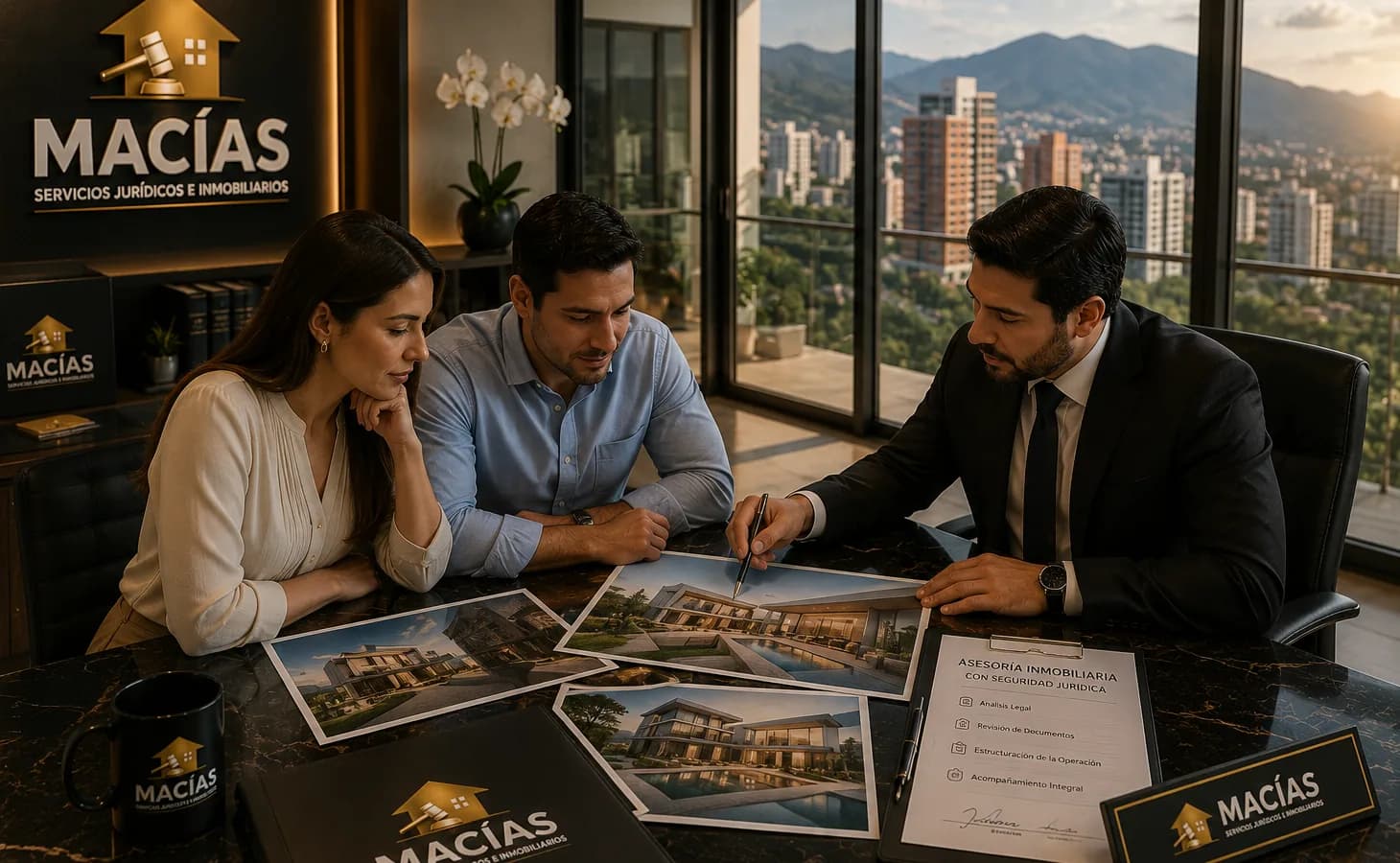 Clientes evaluando opciones de inmuebles junto a un asesor de MACÍAS en Armenia, Quindío Clientes evaluando opciones de inmuebles junto a un asesor de MACÍAS en Armenia, Quindío